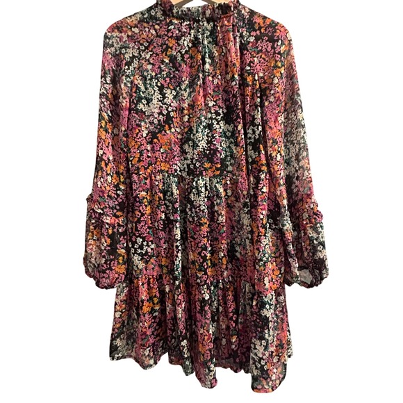 Vince Camuto Womens Black Floral Tiered Chiffon Long Sleeve Ruffle Dress XS - Picture 3 of 7